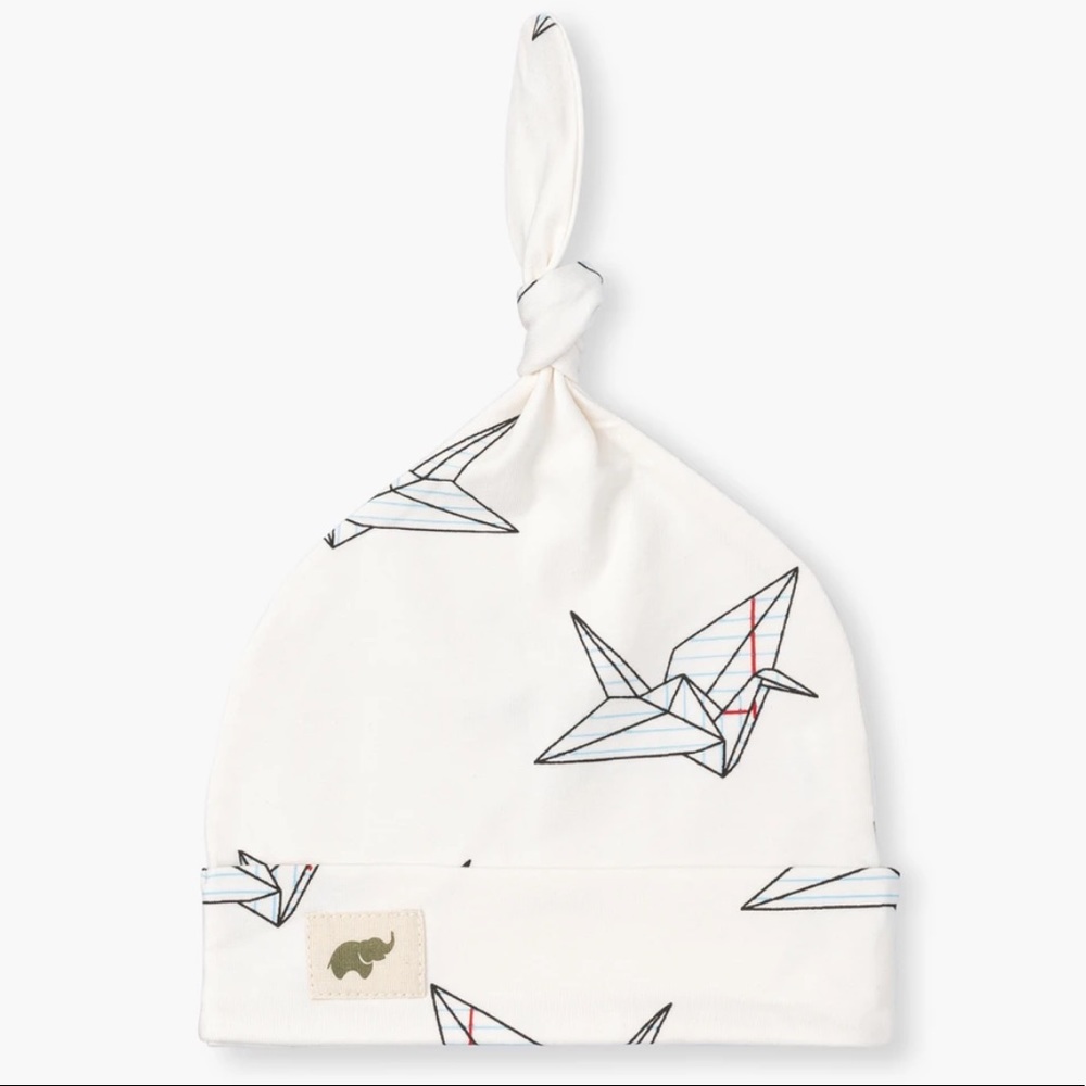 Monica & Andy Top Knot Cap, Newborn Hat, Paper Crane Pattern - White & Blue NWOT